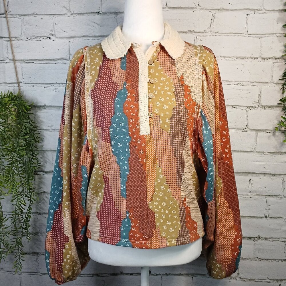 WOMENS GIMMECK BY BUCKLE BOHO TOP BALLON SLEEVES CROCHETED COLLAR SIZE SMALL
